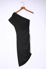 Load image into Gallery viewer, Black One-shoulder Short Sleeve Ruched Bodycon Dress - Fashion Queen -  13

