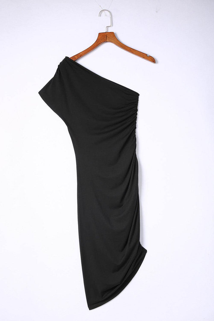 Black One-shoulder Short Sleeve Ruched Bodycon Dress - Fashion Queen -  13