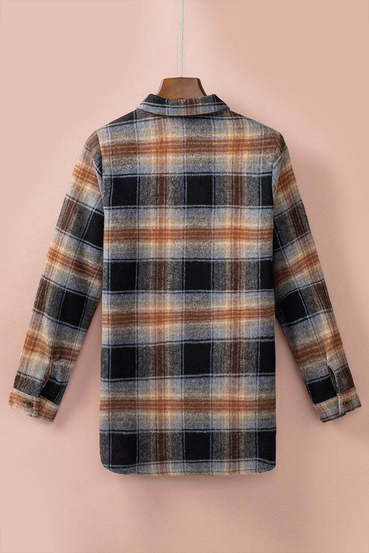 Black Oversize Rounded Hem Plaid Shacket with Slits - Fashion Queen -  9