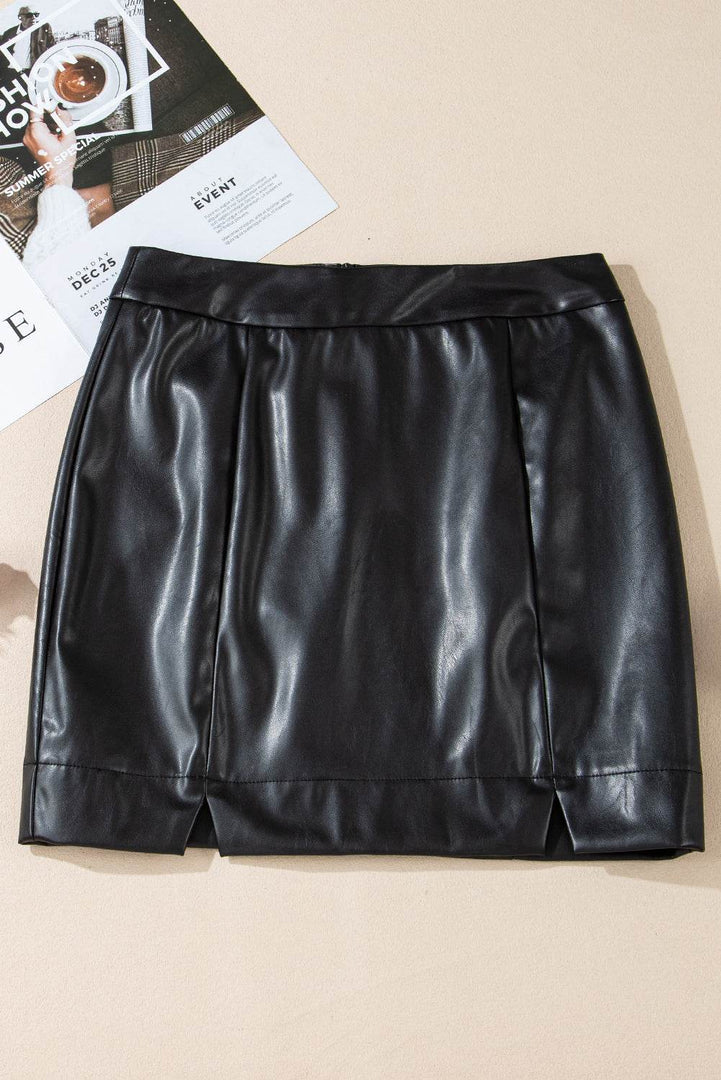 Black PU Leather Side Slits Slim Fit High Waist Mini Skirt - Fashion Queen -  3