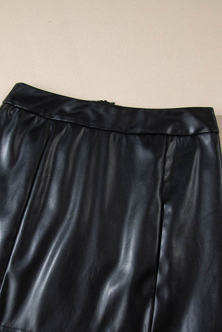 Black PU Leather Side Slits Slim Fit High Waist Mini Skirt - Fashion Queen -  5