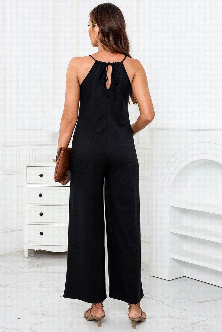 Black Patch Pockets Spaghetti Strap Wide Leg Jumpsuit - Fashion Queen -  10