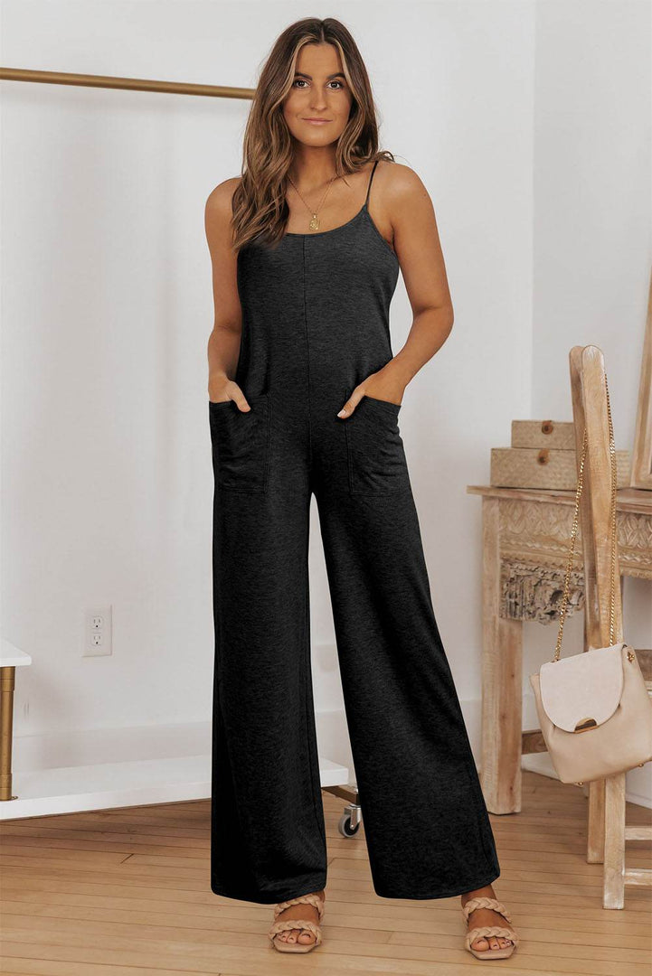 Black Patch Pockets Spaghetti Strap Wide Leg Jumpsuit - Fashion Queen -  14