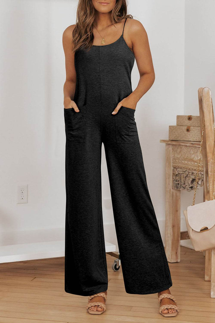 Black Patch Pockets Spaghetti Strap Wide Leg Jumpsuit - Fashion Queen -  15