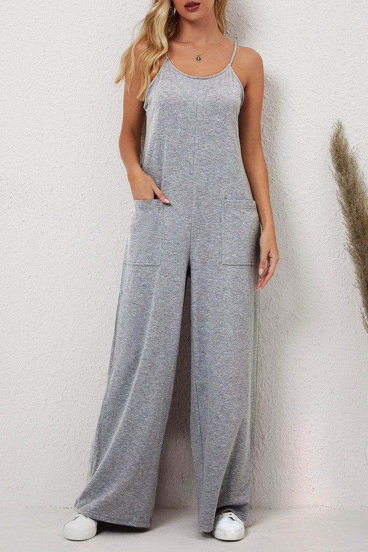 Black Patch Pockets Spaghetti Strap Wide Leg Jumpsuit - Fashion Queen -  23