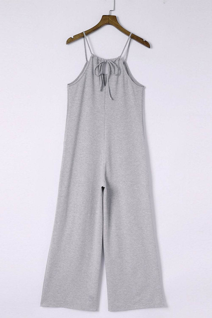 Black Patch Pockets Spaghetti Strap Wide Leg Jumpsuit - Fashion Queen -  25