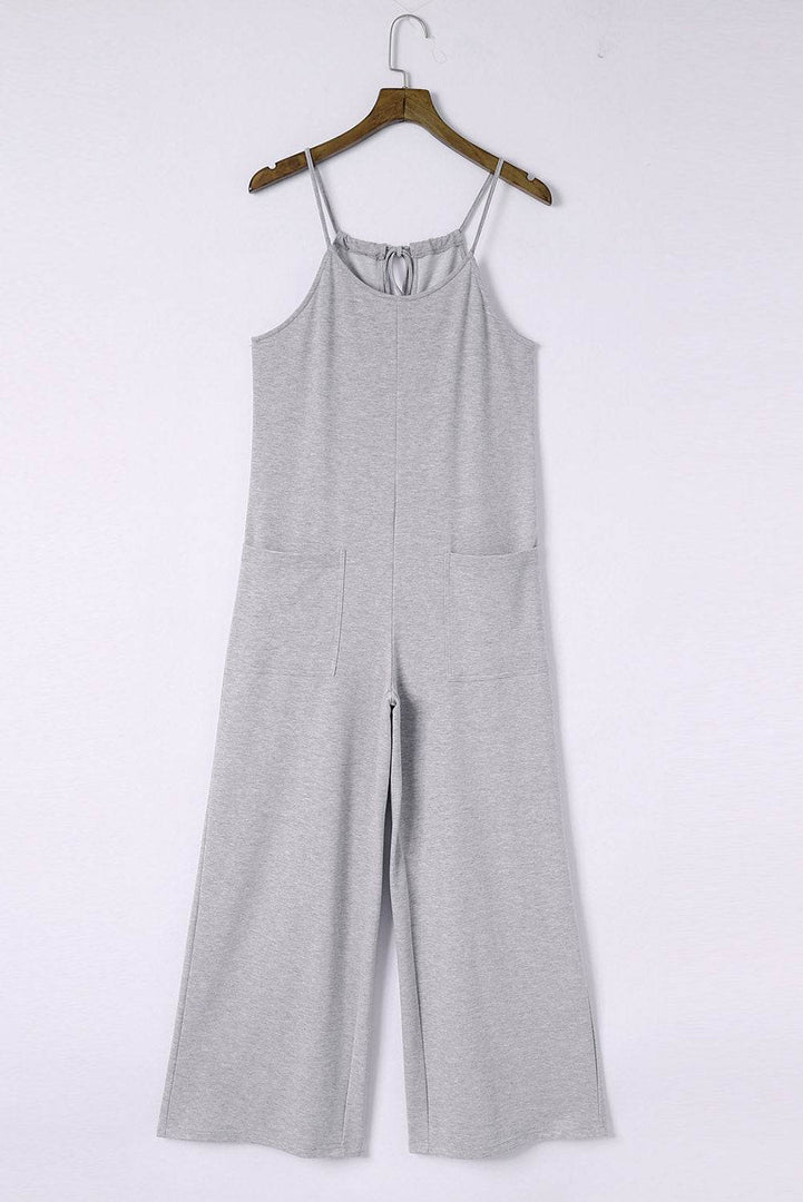 Black Patch Pockets Spaghetti Strap Wide Leg Jumpsuit - Fashion Queen -  26