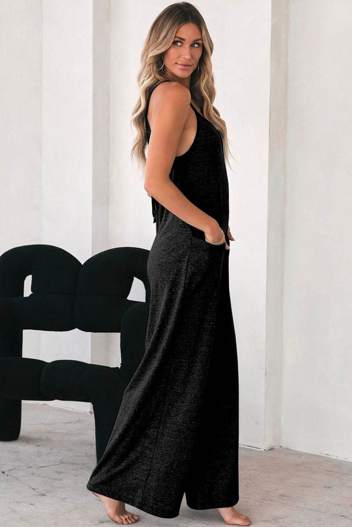 Black Patch Pockets Spaghetti Strap Wide Leg Jumpsuit - Fashion Queen -  3