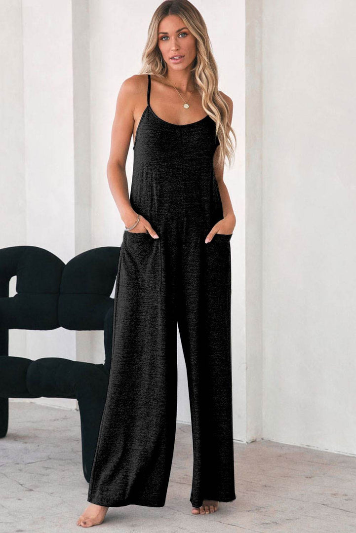 Black Patch Pockets Spaghetti Strap Wide Leg Jumpsuit - Fashion Queen -  8