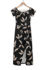 Load image into Gallery viewer, Black Pattern Print Off Shoulder Slit Bodycon Midi Dress - Fashion Queen -  17
