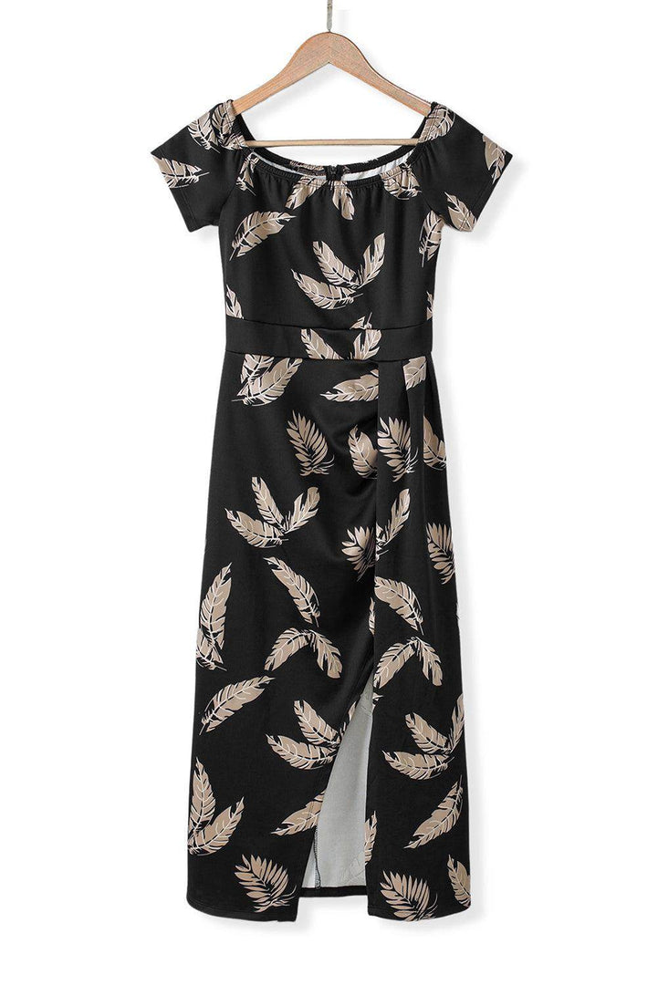 Black Pattern Print Off Shoulder Slit Bodycon Midi Dress - Fashion Queen -  17