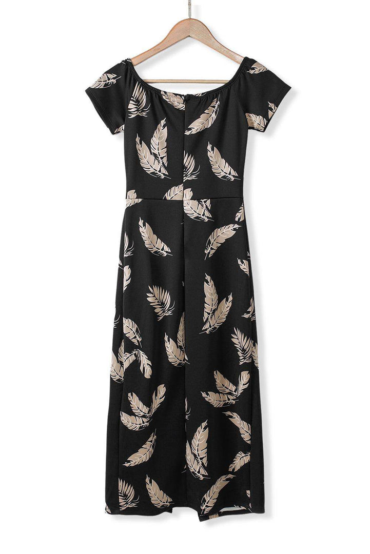 Black Pattern Print Off Shoulder Slit Bodycon Midi Dress - Fashion Queen -  18