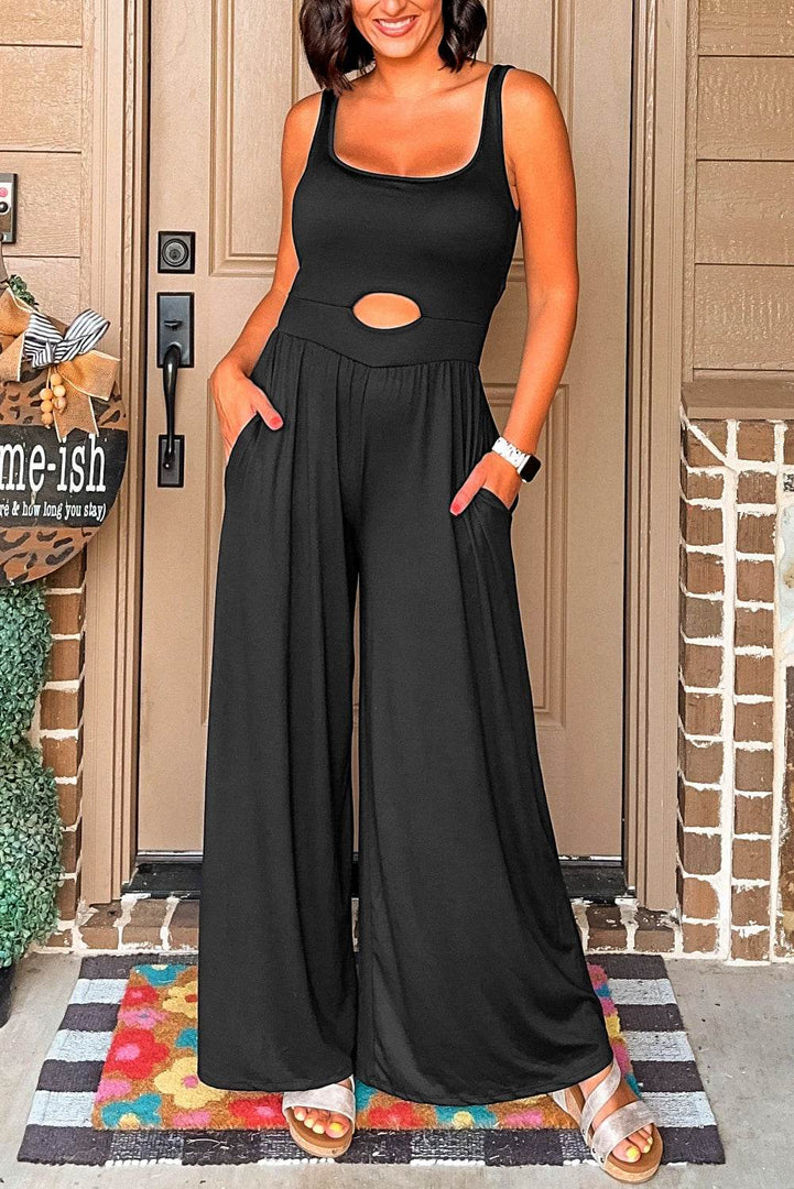 Black Peekaboo Wide Leg Square Neck Sleeveless Jumpsuit - Fashion Queen -  1