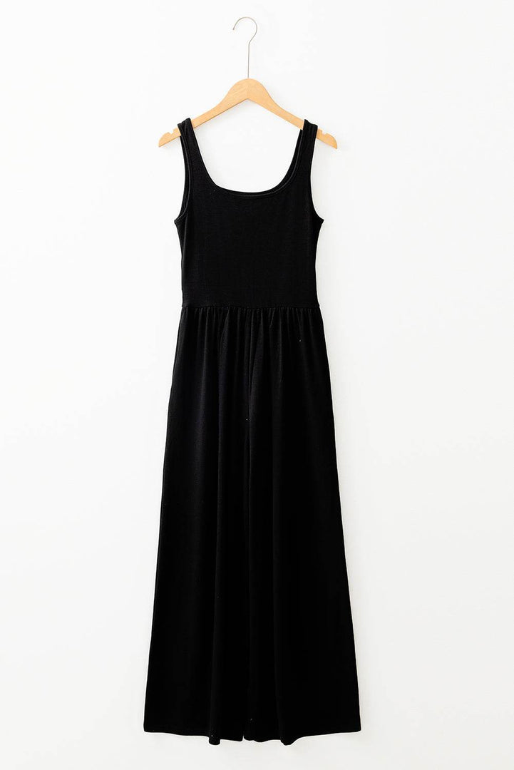 Black Peekaboo Wide Leg Square Neck Sleeveless Jumpsuit - Fashion Queen -  5