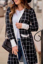 Black Plaid Colorblock Edge Open Cardigan with Pocket - Fashion Queen -  1