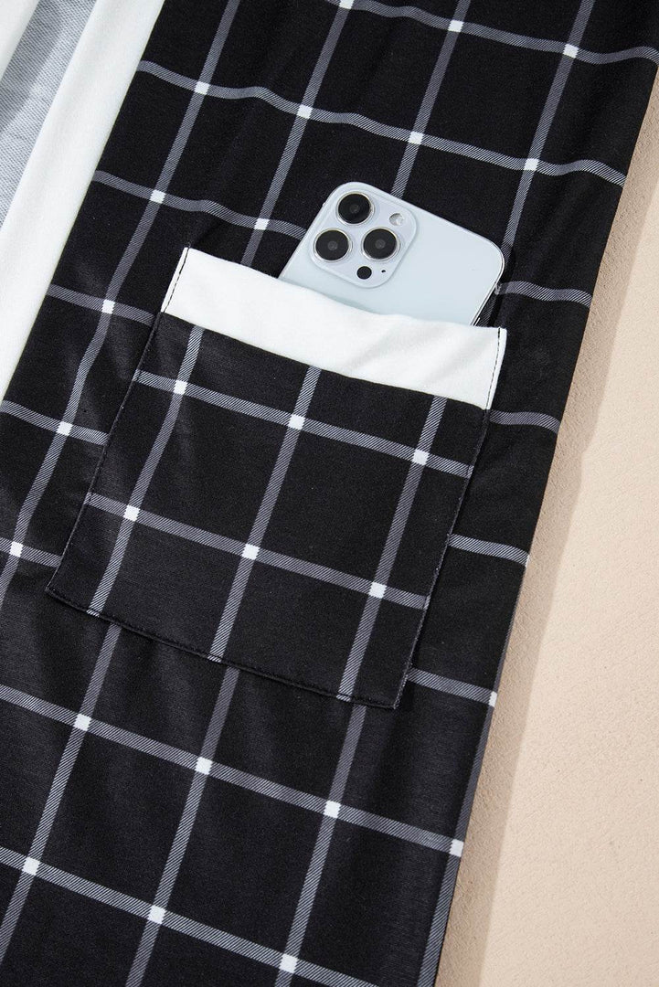Black Plaid Colorblock Edge Open Cardigan with Pocket - Fashion Queen -  11