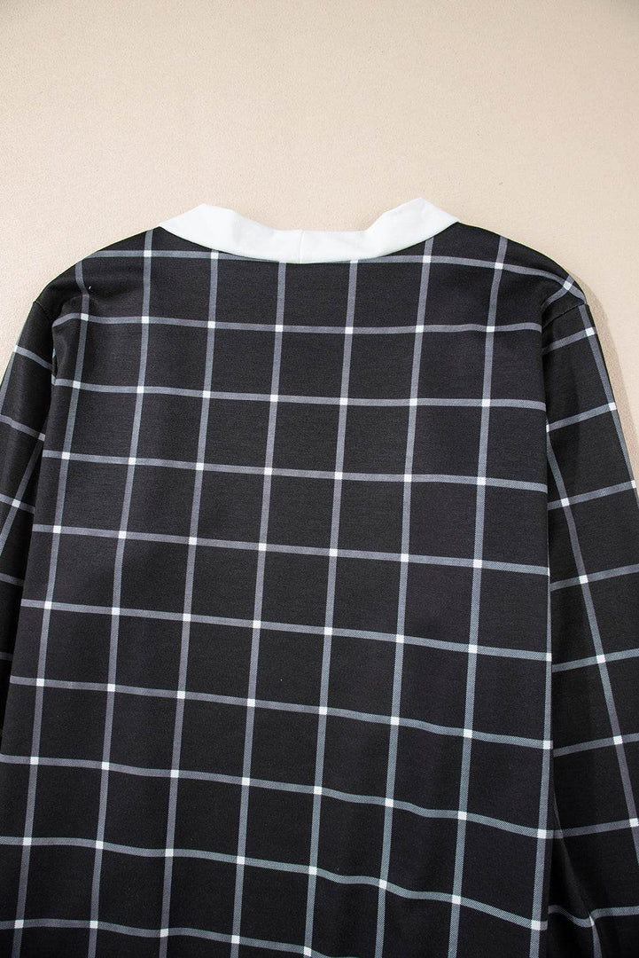 Black Plaid Colorblock Edge Open Cardigan with Pocket - Fashion Queen -  13