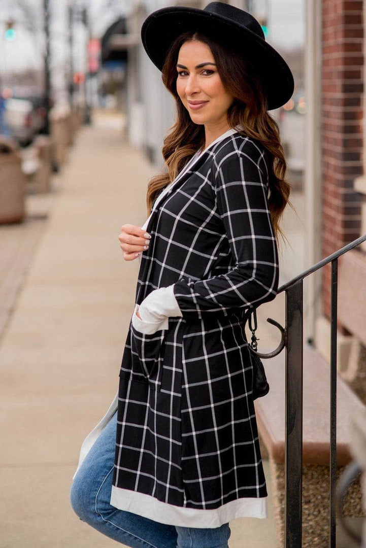 Black Plaid Colorblock Edge Open Cardigan with Pocket - Fashion Queen -  2