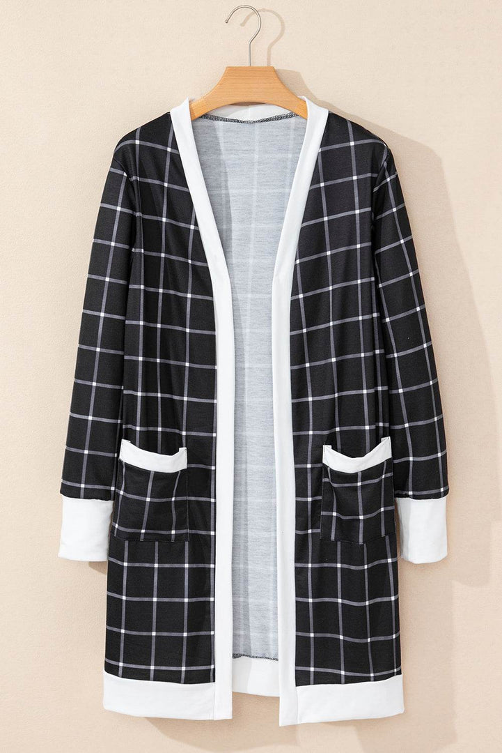 Black Plaid Colorblock Edge Open Cardigan with Pocket - Fashion Queen -  6