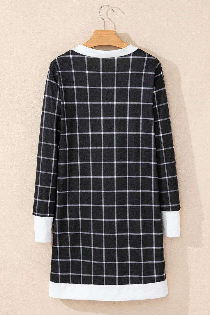 Black Plaid Colorblock Edge Open Cardigan with Pocket - Fashion Queen -  7