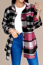 Black Plaid Colorblock Loose Shacket - Fashion Queen -  1
