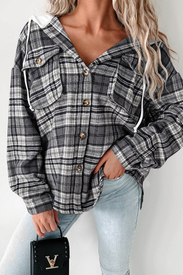 Black Plaid Print Flap Pockets Contrast Hooded Loose Shacket - Fashion Queen -  1