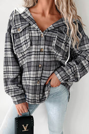 Black Plaid Print Flap Pockets Contrast Hooded Loose Shacket - Fashion Queen -  1