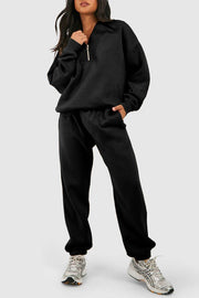 Black Plain Half Zip V Neck Ribbed Edge Loose Tracksuit - Fashion Queen -  1