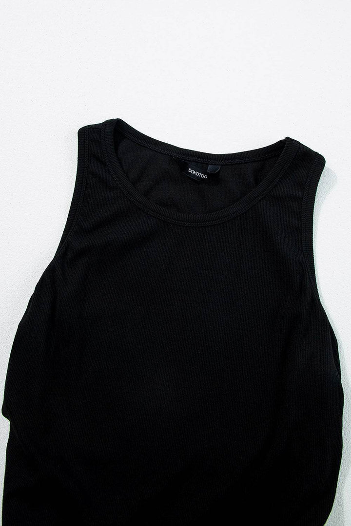 Black Plain Ruched Side Slim Tank Top - Fashion Queen -  10