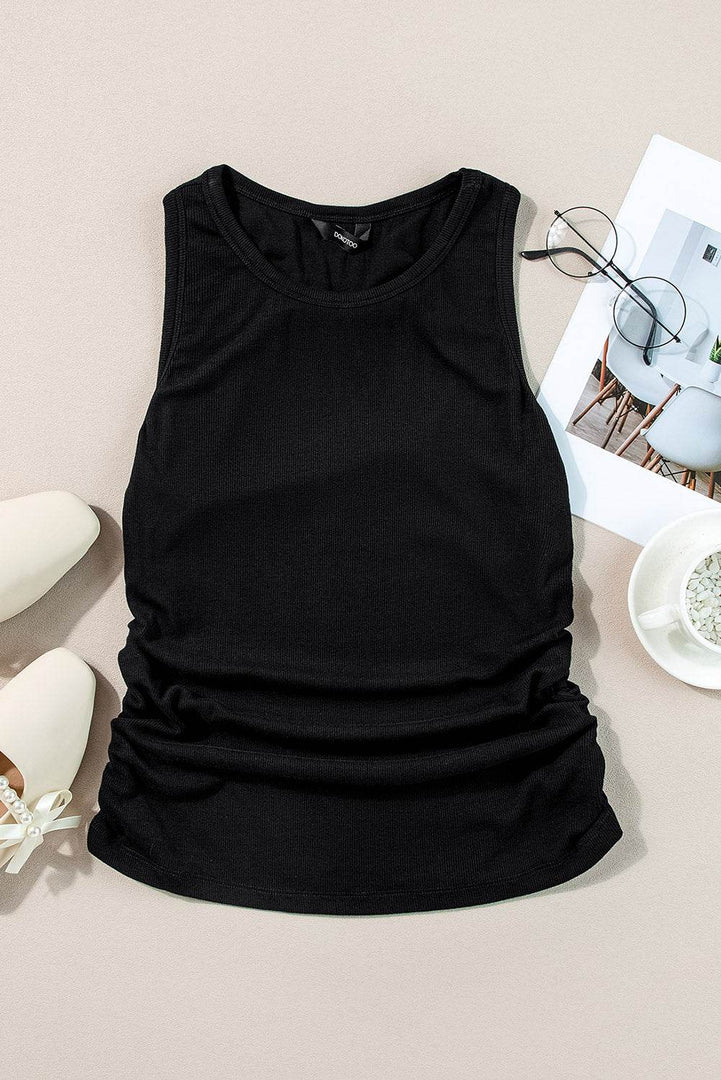 Black Plain Ruched Side Slim Tank Top - Fashion Queen -  8