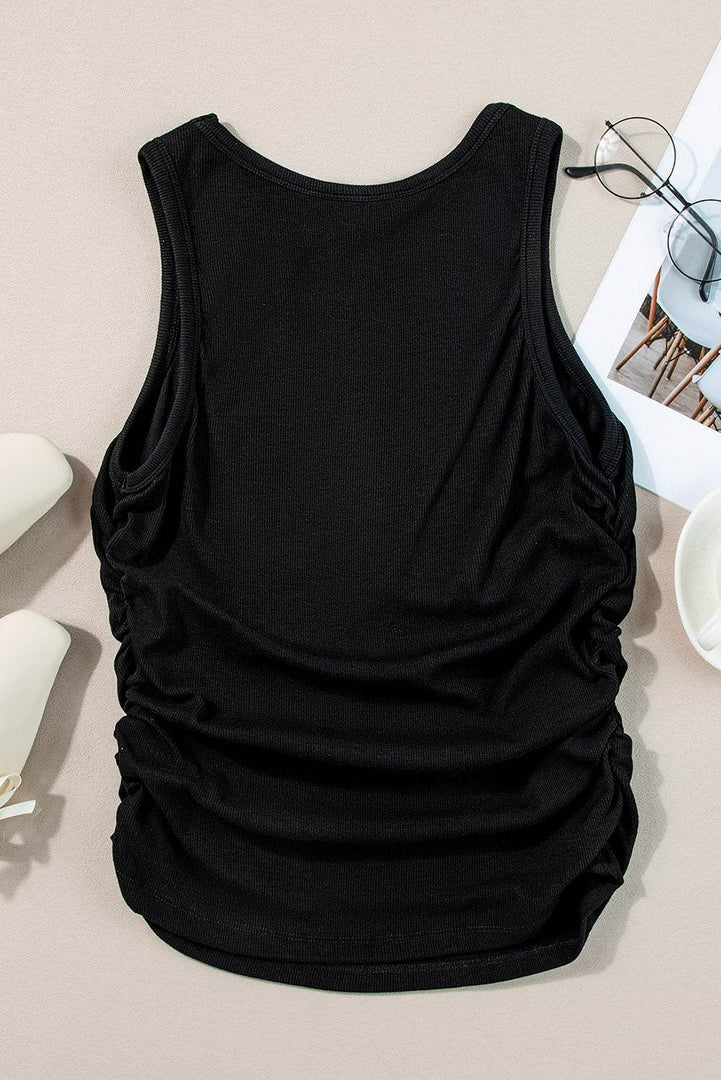 Black Plain Ruched Side Slim Tank Top - Fashion Queen -  9