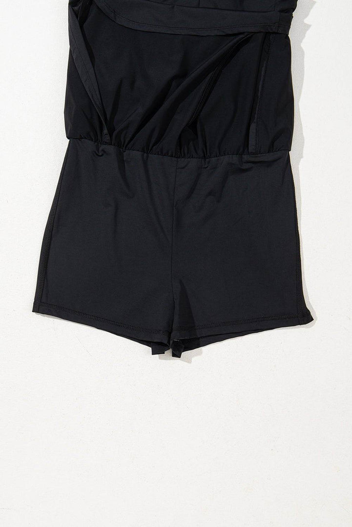 Black Plain Sleeveless Loop Drawstring Cinched Waist Romper - Fashion Queen -  10