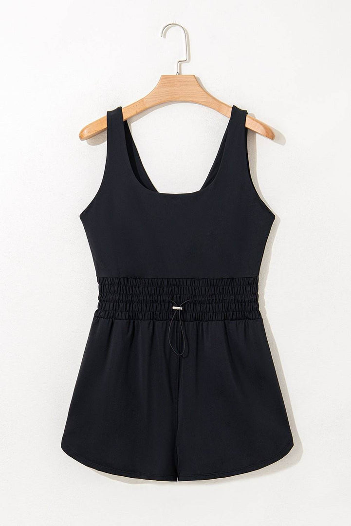 Black Plain Sleeveless Loop Drawstring Cinched Waist Romper - Fashion Queen -  3
