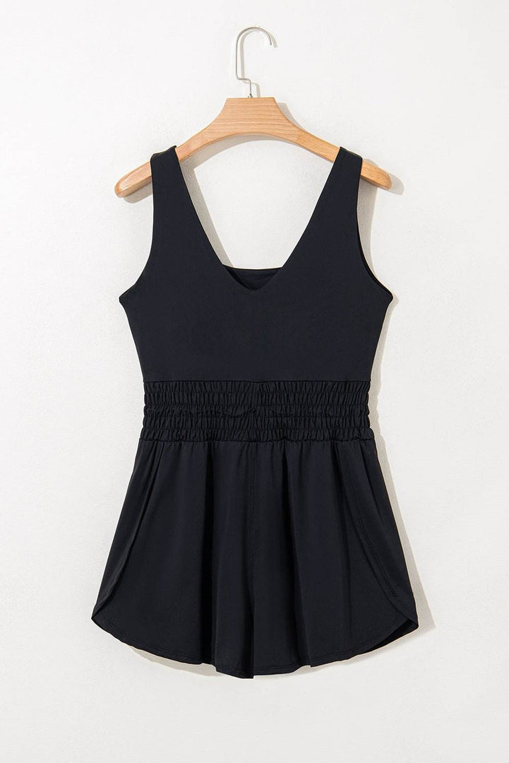 Black Plain Sleeveless Loop Drawstring Cinched Waist Romper - Fashion Queen -  4