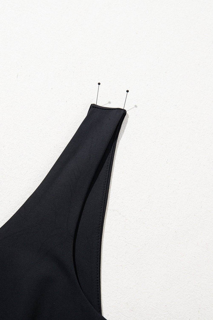 Black Plain Sleeveless Loop Drawstring Cinched Waist Romper - Fashion Queen -  7