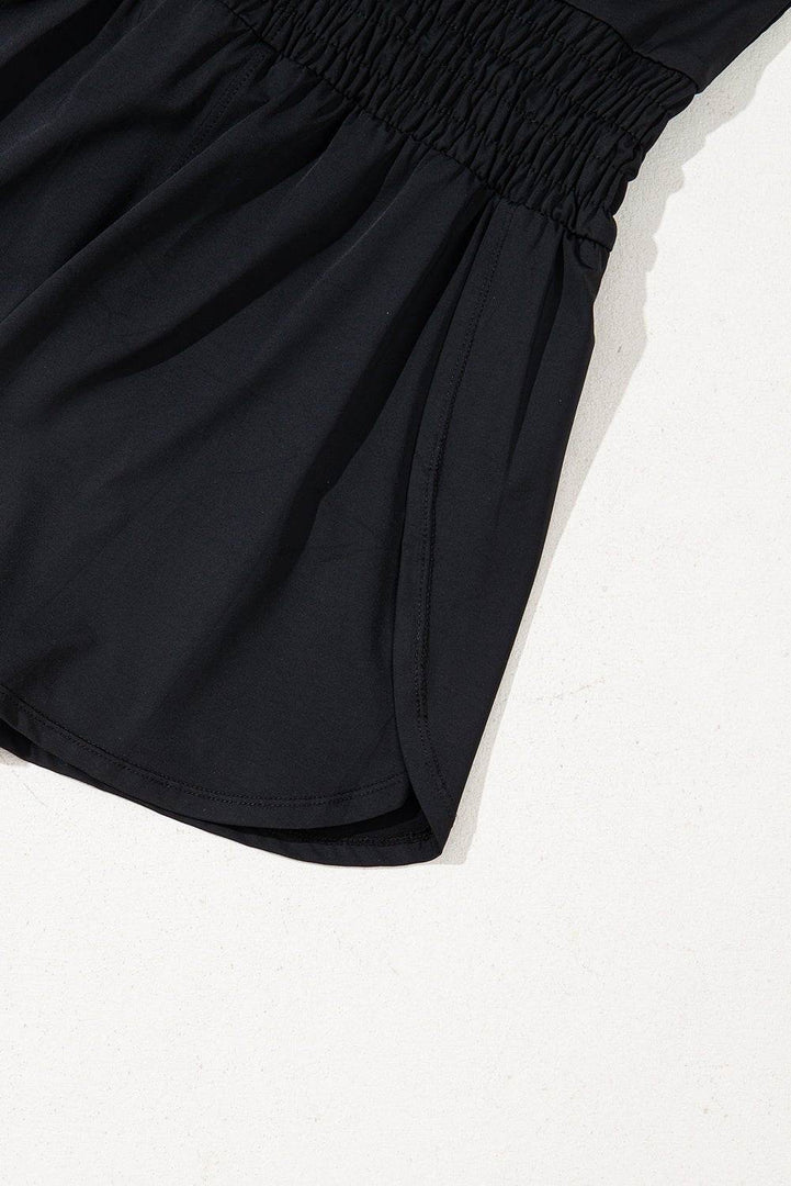 Black Plain Sleeveless Loop Drawstring Cinched Waist Romper - Fashion Queen -  9