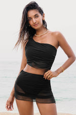 Load image into Gallery viewer, Black Pleated Mesh One Shoulder Bikini Top and Skirts Set - Fashion Queen -  1
