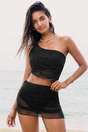 Black Pleated Mesh One Shoulder Bikini Top and Skirts Set - Fashion Queen -  1