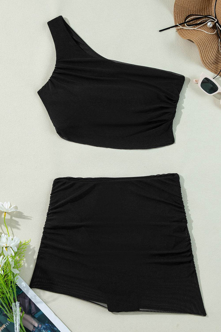 Black Pleated Mesh One Shoulder Bikini Top and Skirts Set - Fashion Queen -  14