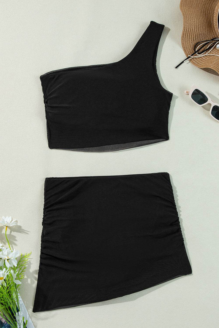 Black Pleated Mesh One Shoulder Bikini Top and Skirts Set - Fashion Queen -  15