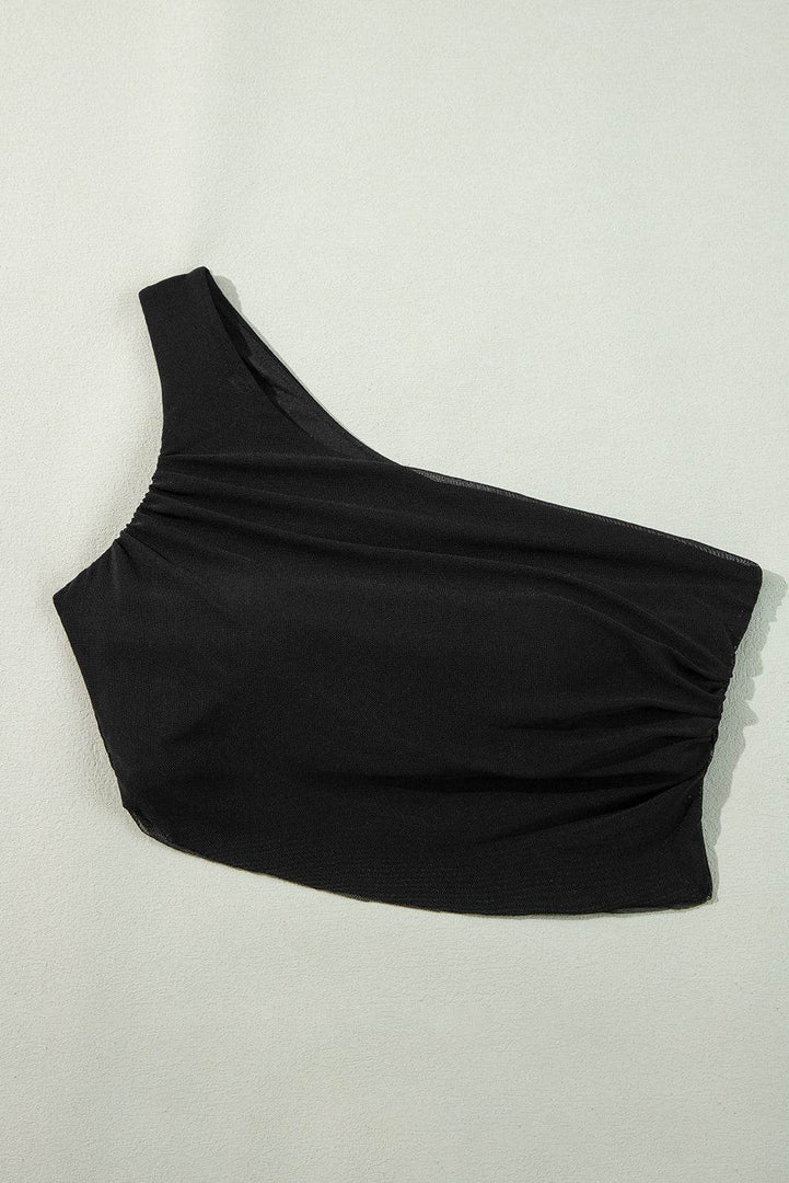 Black Pleated Mesh One Shoulder Bikini Top and Skirts Set - Fashion Queen -  16