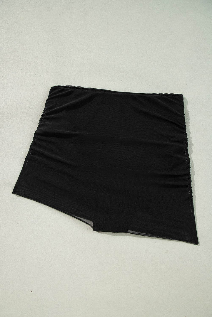 Black Pleated Mesh One Shoulder Bikini Top and Skirts Set - Fashion Queen -  18