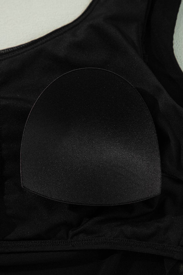 Black Pleated Mesh One Shoulder Bikini Top and Skirts Set - Fashion Queen -  20