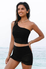 Load image into Gallery viewer, Black Pleated Mesh One Shoulder Bikini Top and Skirts Set - Fashion Queen -  4
