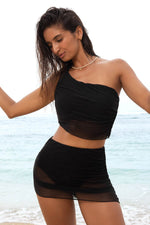Load image into Gallery viewer, Black Pleated Mesh One Shoulder Bikini Top and Skirts Set - Fashion Queen -  5
