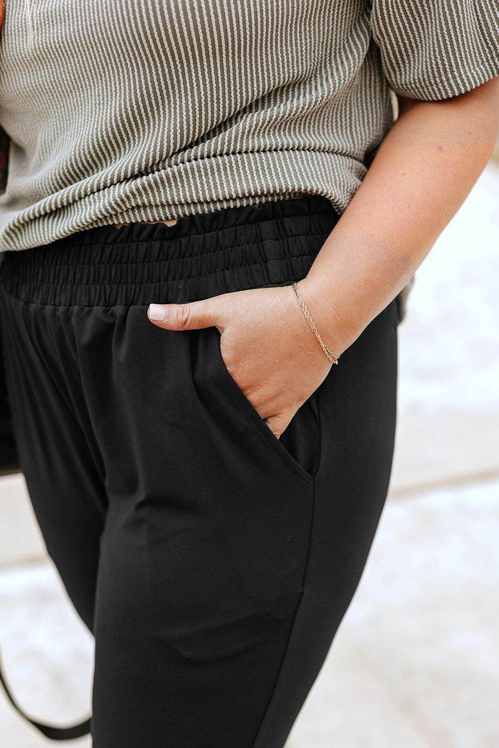 Black Plus Size Frill High Waist Pocketed Soft Pants - Fashion Queen -  10