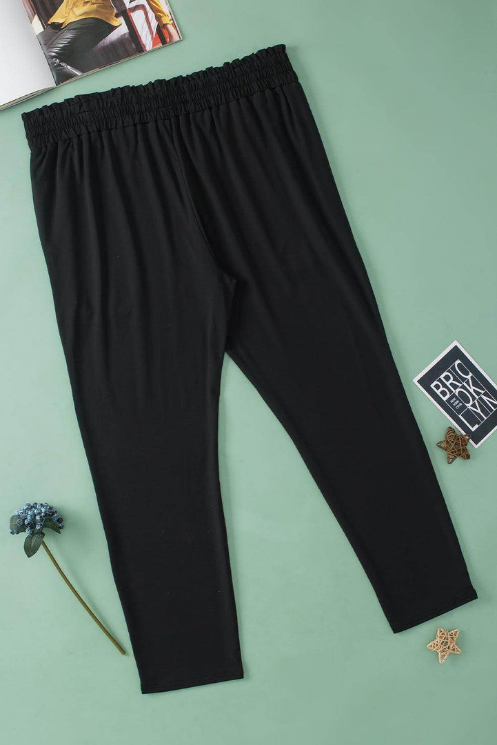 Black Plus Size Frill High Waist Pocketed Soft Pants - Fashion Queen -  11