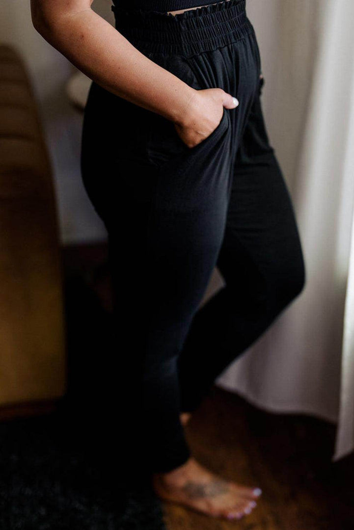 Black Plus Size Frill High Waist Pocketed Soft Pants - Fashion Queen -  3