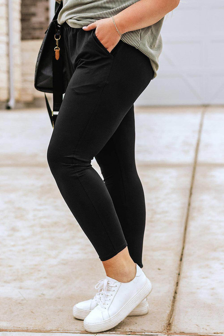 Black Plus Size Frill High Waist Pocketed Soft Pants - Fashion Queen -  8