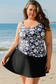 Black Plus Size Printed Square Neck Drawstring Ruffled Tankini Set - Fashion Queen -  1